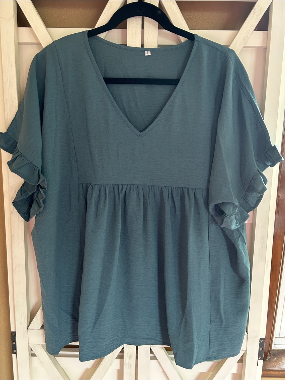 V-Neck Ruffle Sleeve Babydoll Top - Lake Blue